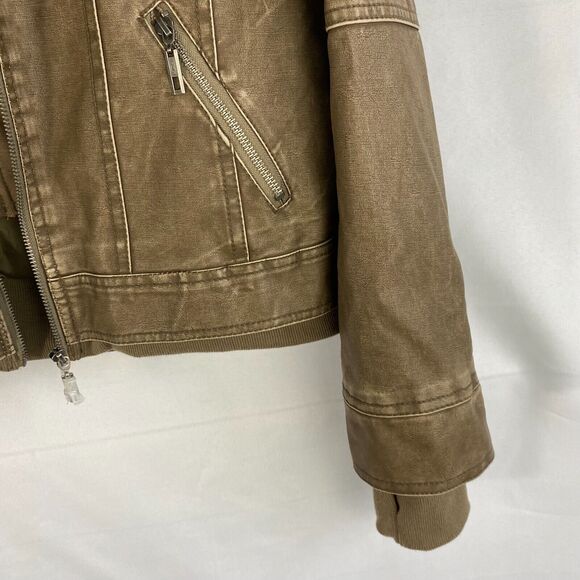LOCK & LOVE Hooded Aviator Waxed Jacket Women XL Tan Faux Leather Bikercore NEW - Picture 7 of 12